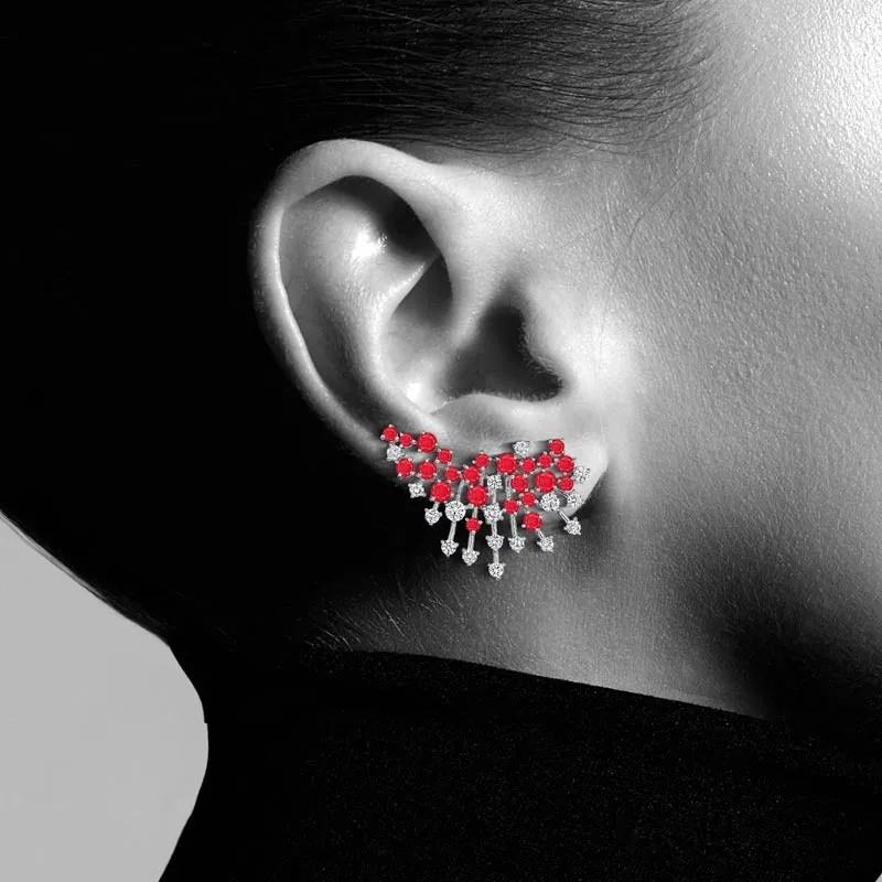 18k Luminus White Gold Earring With 1.47 Cts Vs-Gh And Black Diamonds  And Ruby