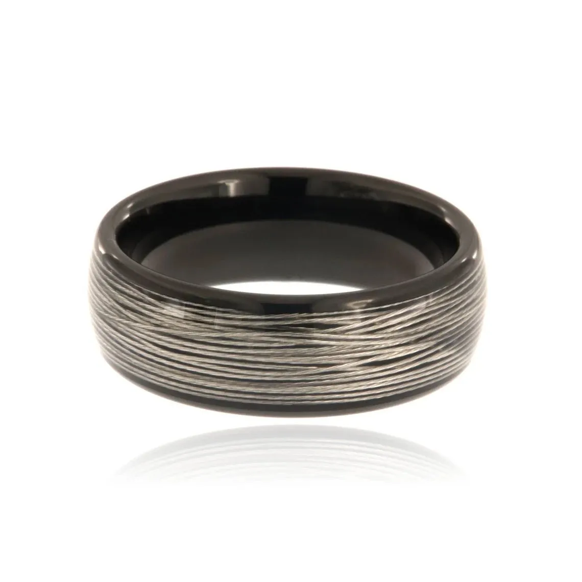 8mm Heavy Black Tungsten Carbide Ring With Center Steel Wire Inlay - FREE Personalization