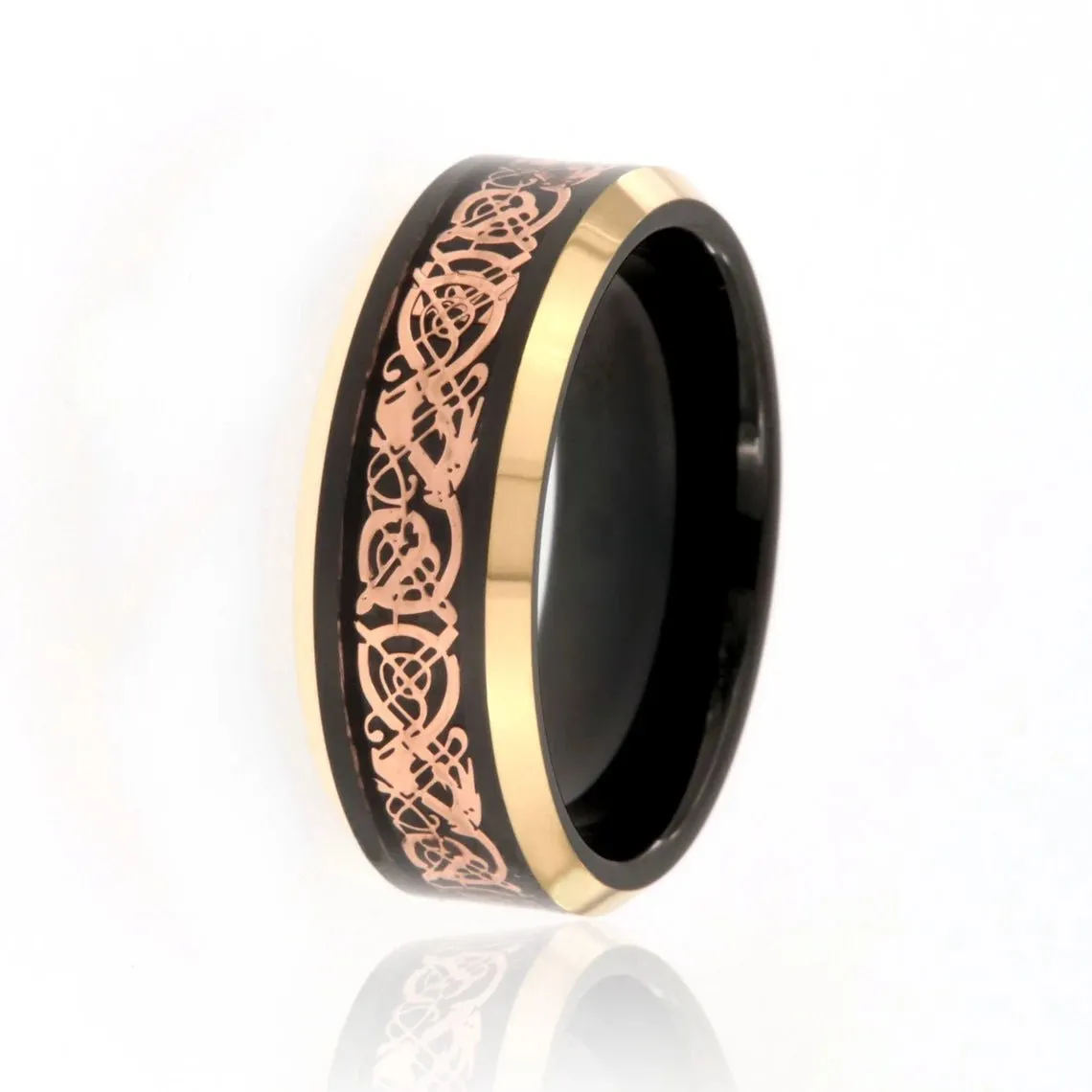 8mm Heavy Rose & Black Tungsten Carbide Men's Ring With Celtic Earth Design And Beveled Edges - FREE Personalization