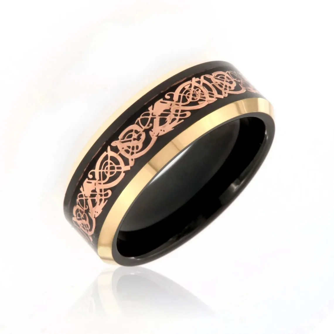 8mm Heavy Rose & Black Tungsten Carbide Men's Ring With Celtic Earth Design And Beveled Edges - FREE Personalization