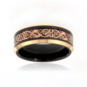 8mm Heavy Rose & Black Tungsten Carbide Men's Ring With Celtic Earth Design And Beveled Edges - FREE Personalization