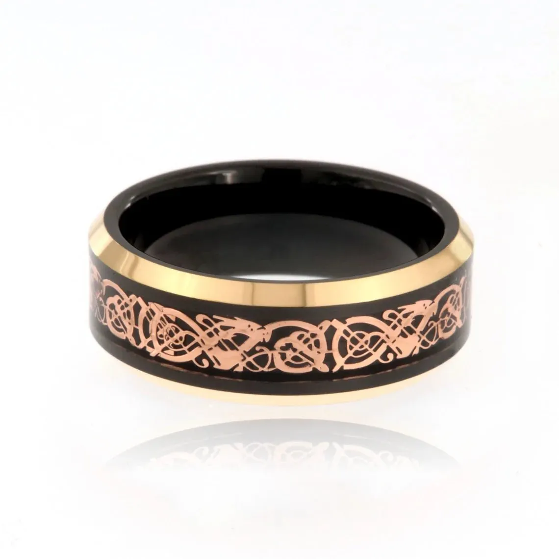 8mm Heavy Rose & Black Tungsten Carbide Men's Ring With Celtic Earth Design And Beveled Edges - FREE Personalization