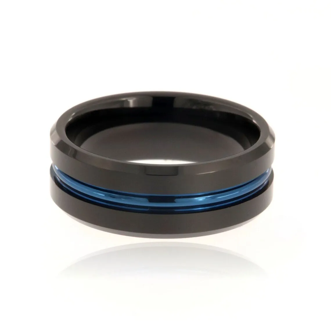 8mm Heavy Tungsten Carbide Ring With Blue Anodized Center Groove - FREE Personalization