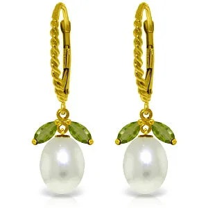 9 Carat 14K Solid Yellow Gold Leverback Earrings Peridot Pearl