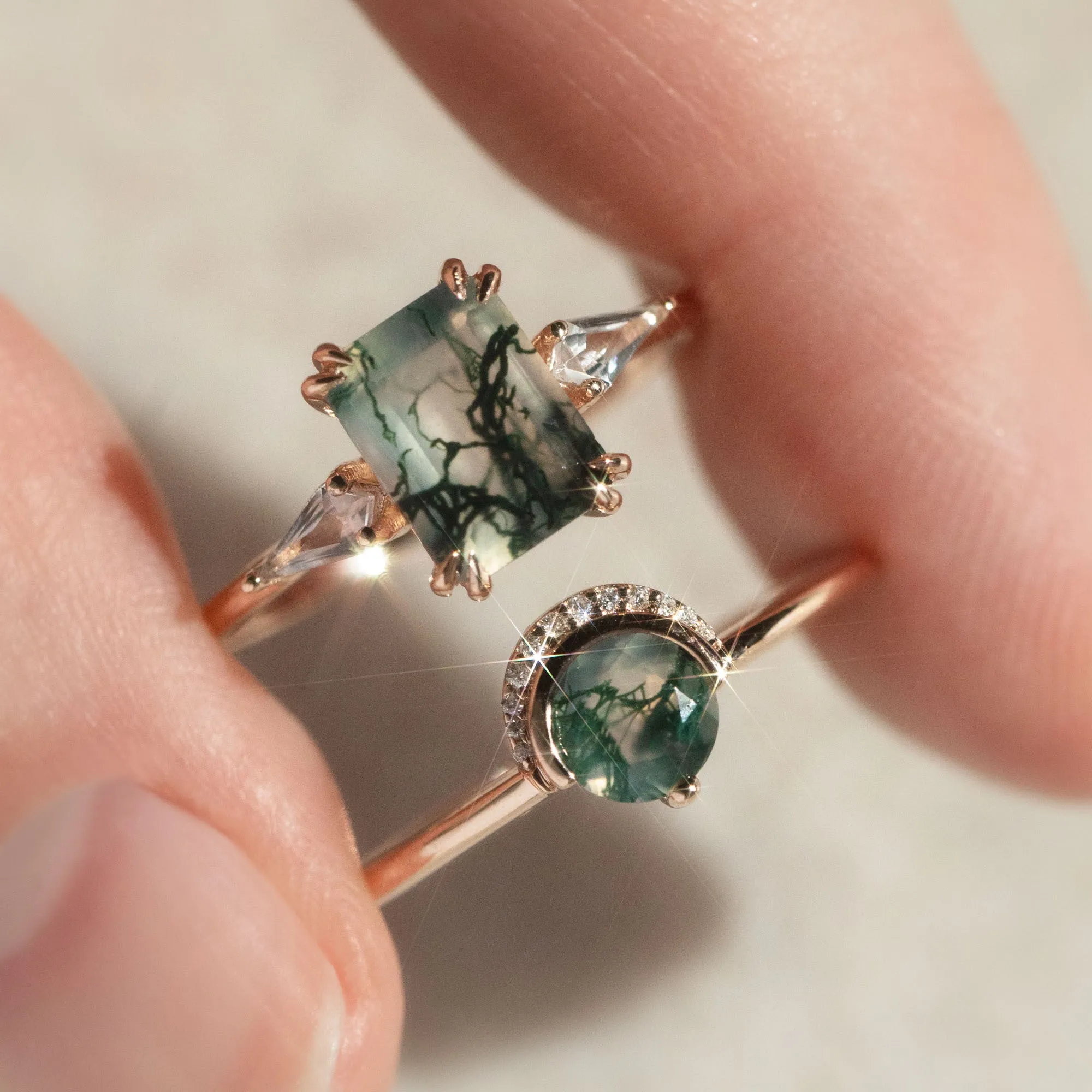 9kt Rose Gold Diamond and Moss Agate Celestial Sky Ring