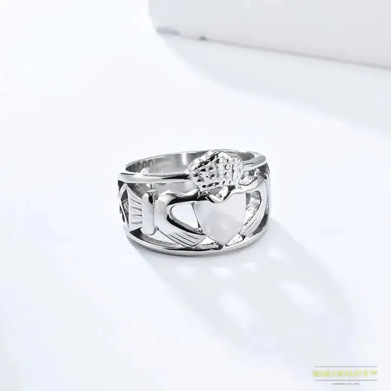 Ancient Style Stainless Steel Irish Claddagh Heart Crown Wedding Band - Unisex Vintage Promise Friendship Ring