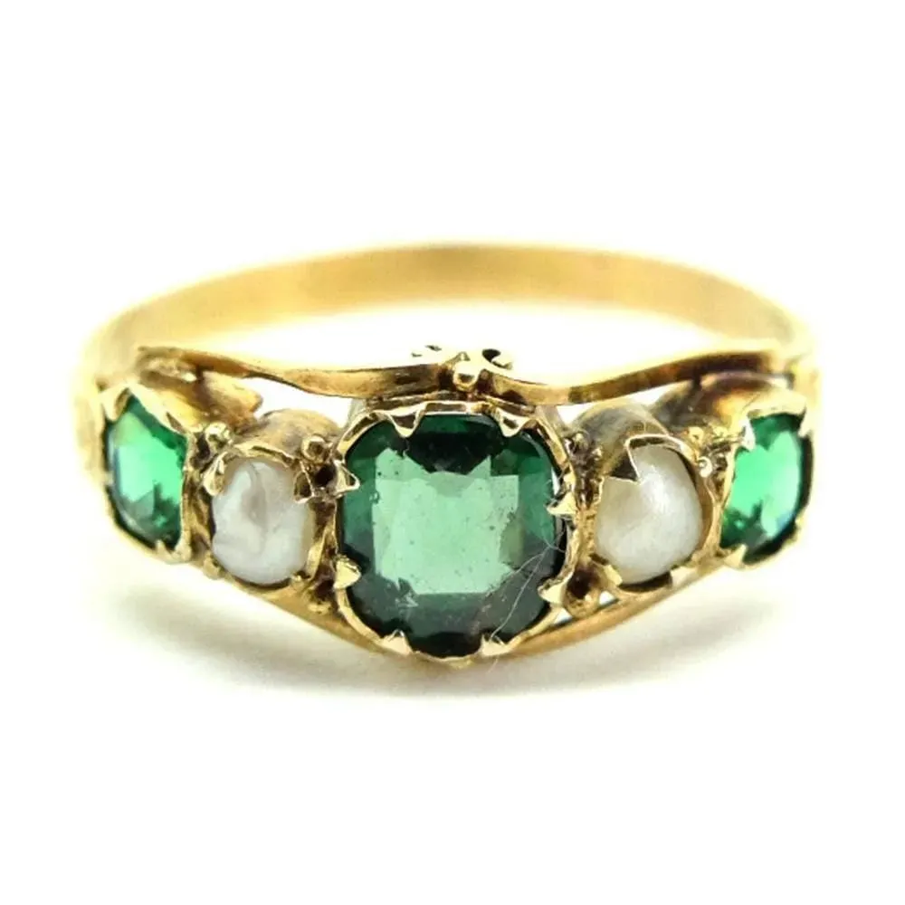 Antique Victorian Emerald 9ct Gold Pearl Ring