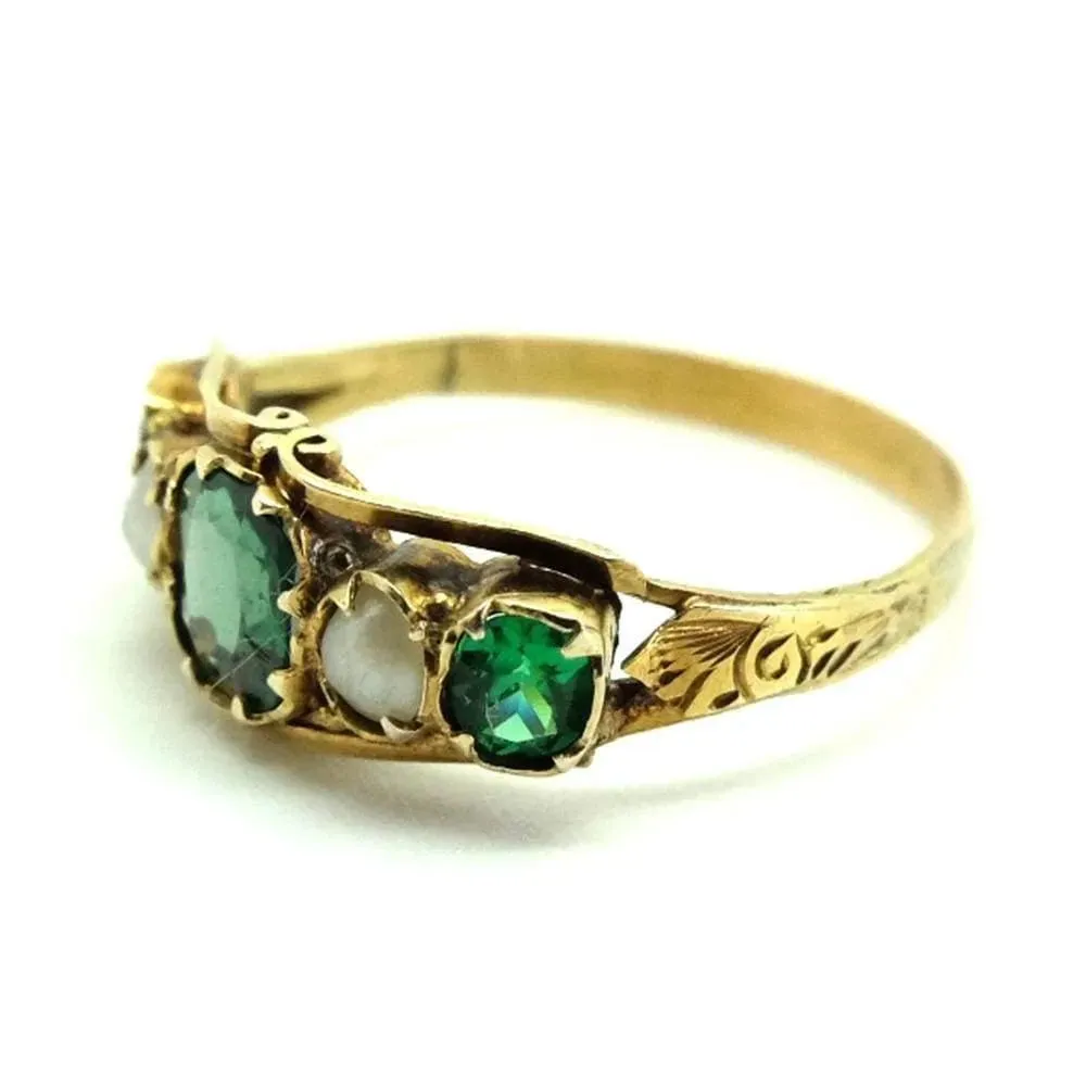 Antique Victorian Emerald 9ct Gold Pearl Ring