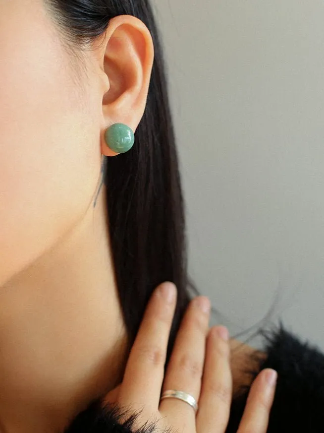 Aventurine Stone Onyx Hemispheric Sterling Silver Stud Earrings