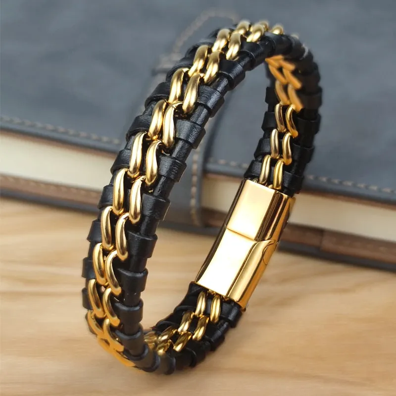 Black Leather Woven Gold Stainless Steel Magnetic Bracelet