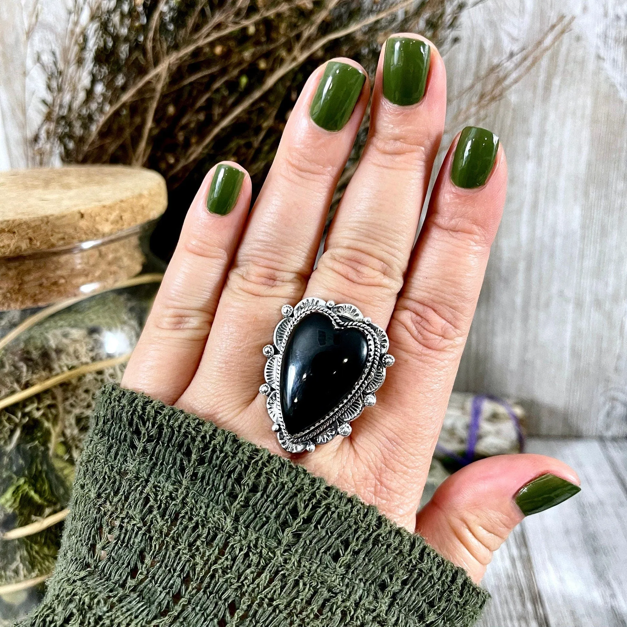 Black Onyx Heart Crystal Statement Ring in Sterling Silver- Designed by FOXLARK Collection Adjusts to size 6,7,8,9, or 10 / Gothic Jewelry