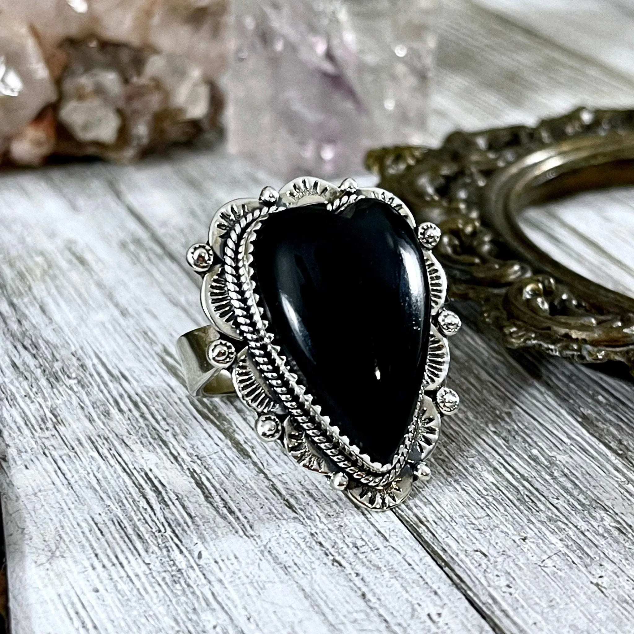 Black Onyx Heart Crystal Statement Ring in Sterling Silver- Designed by FOXLARK Collection Adjusts to size 6,7,8,9, or 10 / Gothic Jewelry