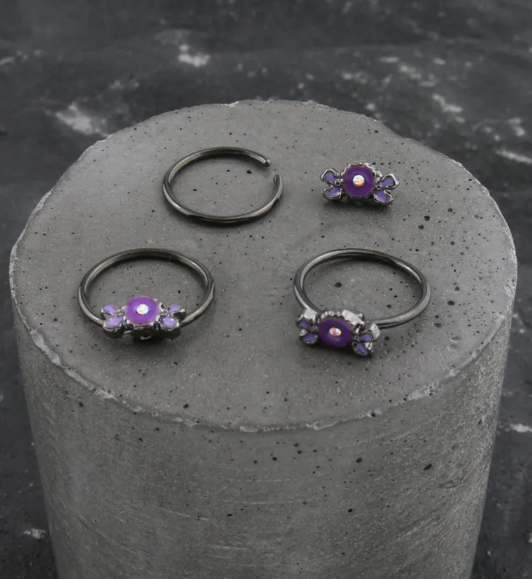 Black PVD Purple Flower Rainbow Aurora CZ Captive Ring