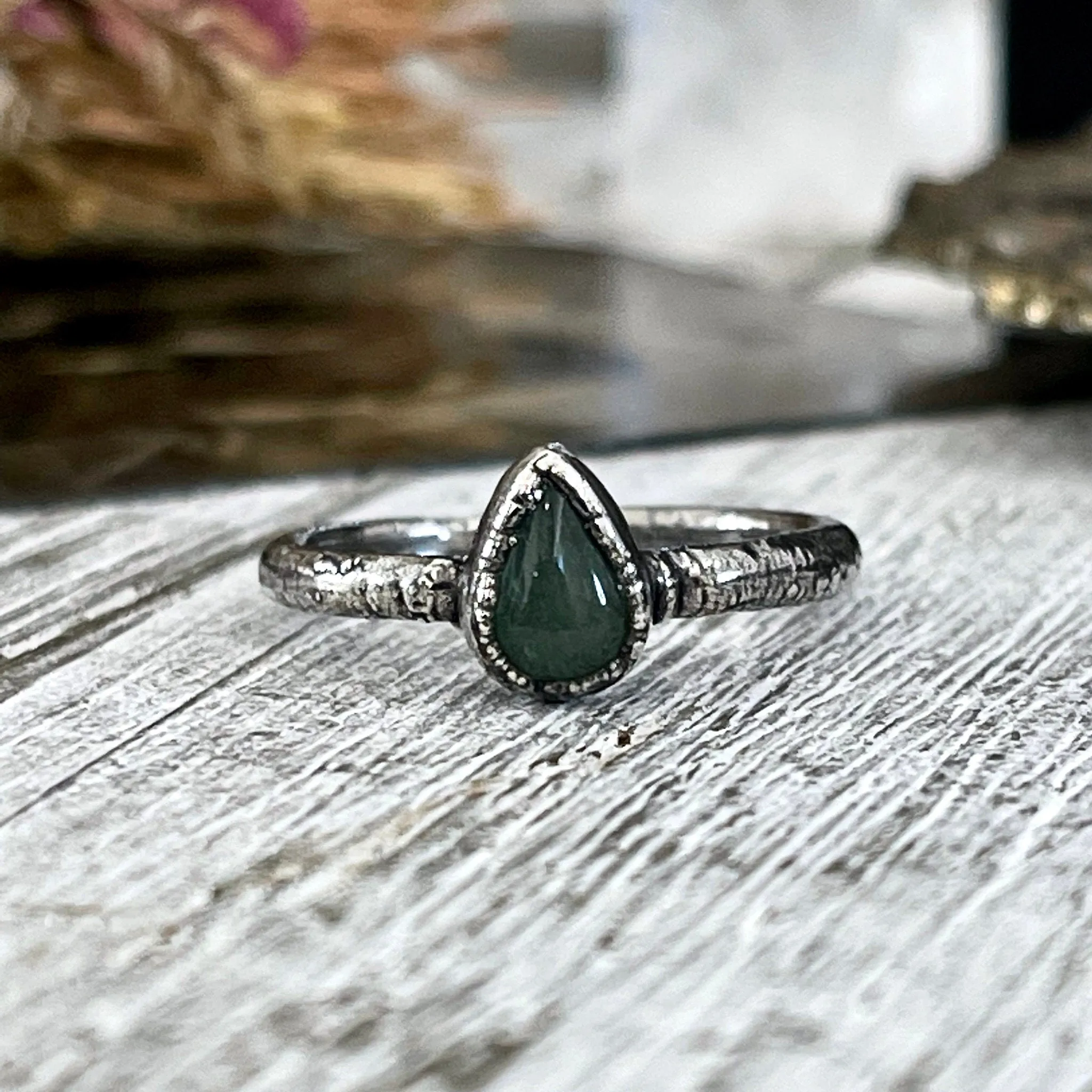 Dainty Teardrop Green Aventurine Ring Fine Silver Size 5 6 7 8 9 10 Foxlark Collection /