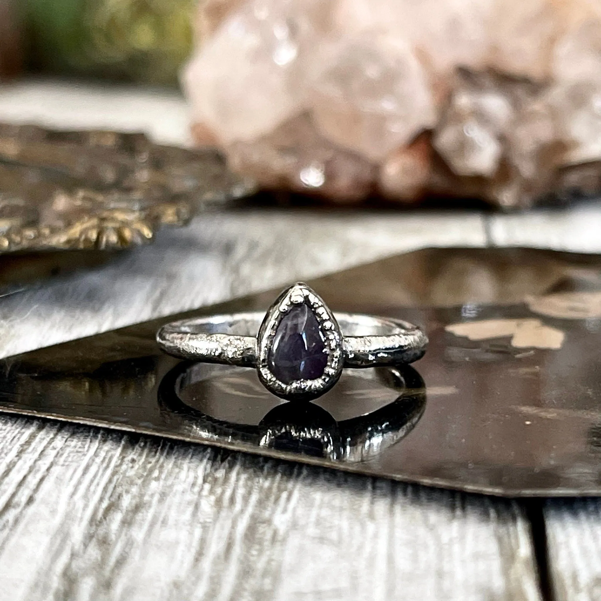 Dainty Teardrop Purple Amethyst Ring Fine Silver Size 5 6 7 8 9 10 Foxlark Collection /