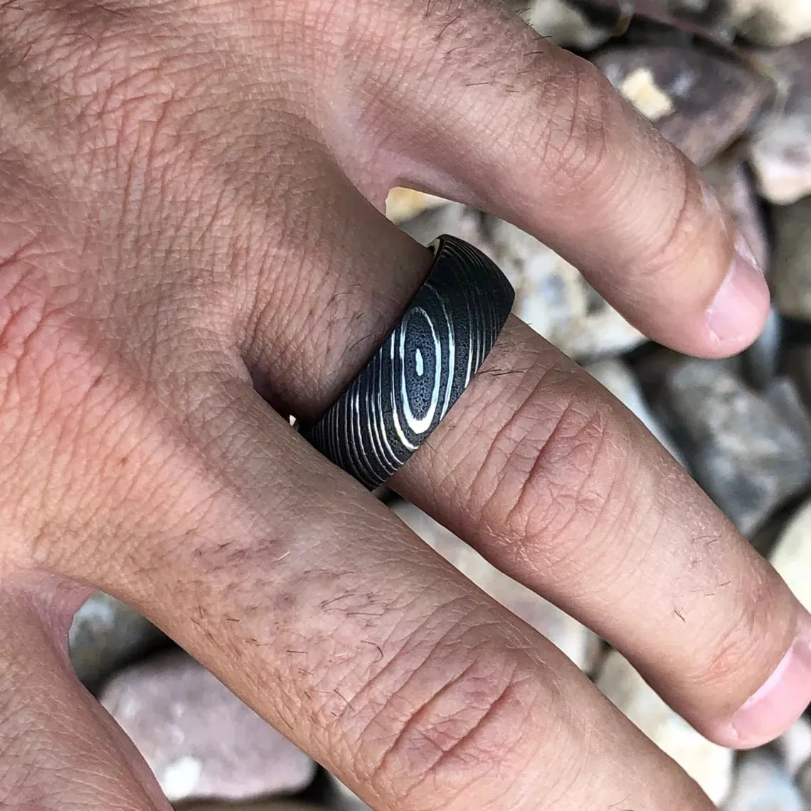 Damascus Steel Wedding Band with Bocote Sleeve