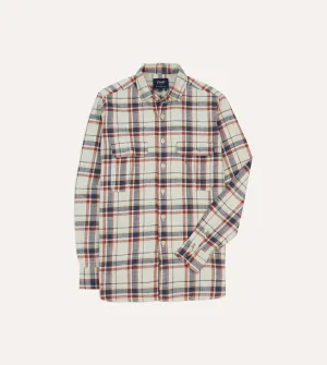 Ecru, Navy and Red Check Slub Cotton Two-Pocket Work Shirt