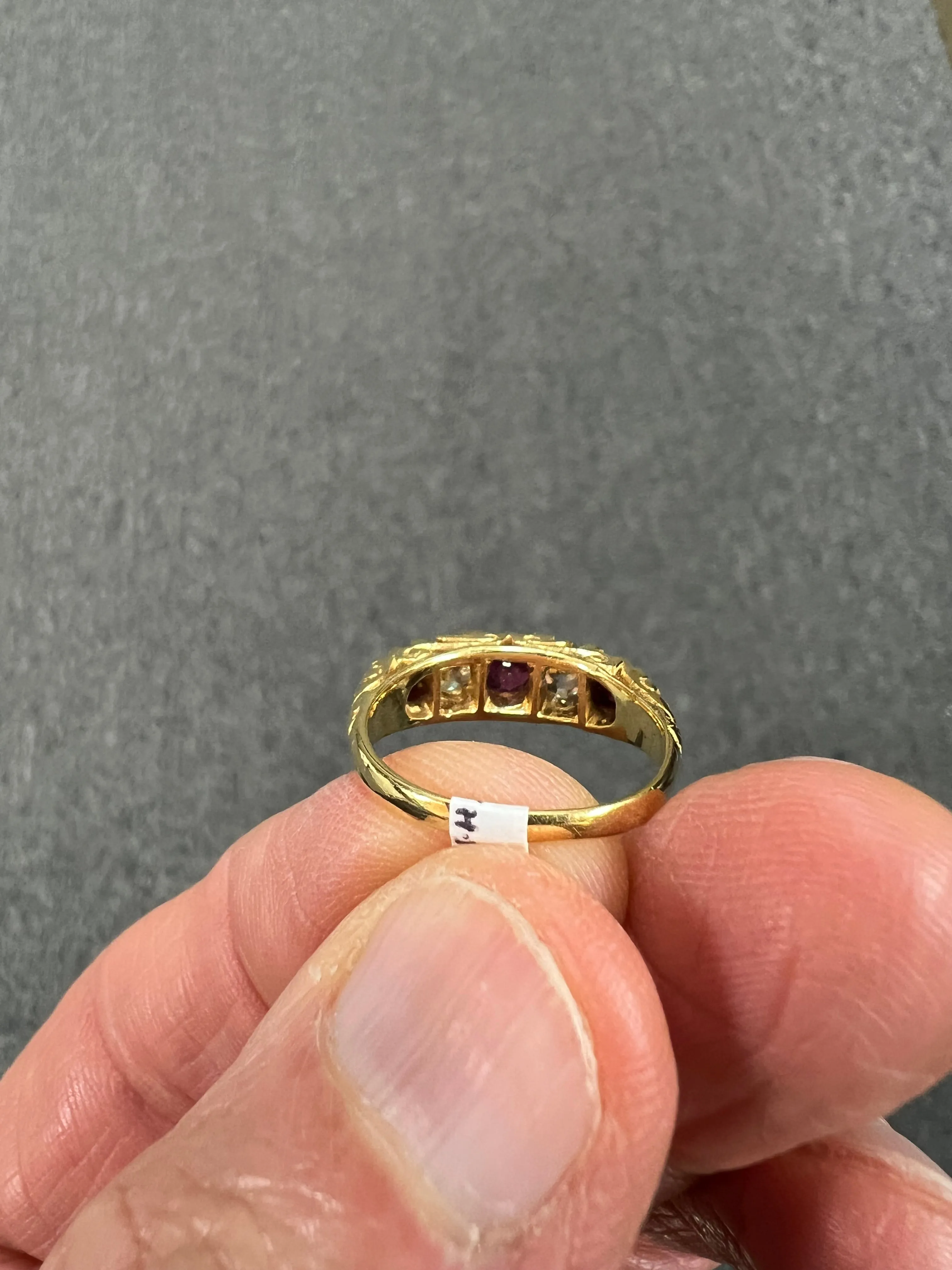 Estate Ruby Diamond Five Stone Yellow Gold Band Ring