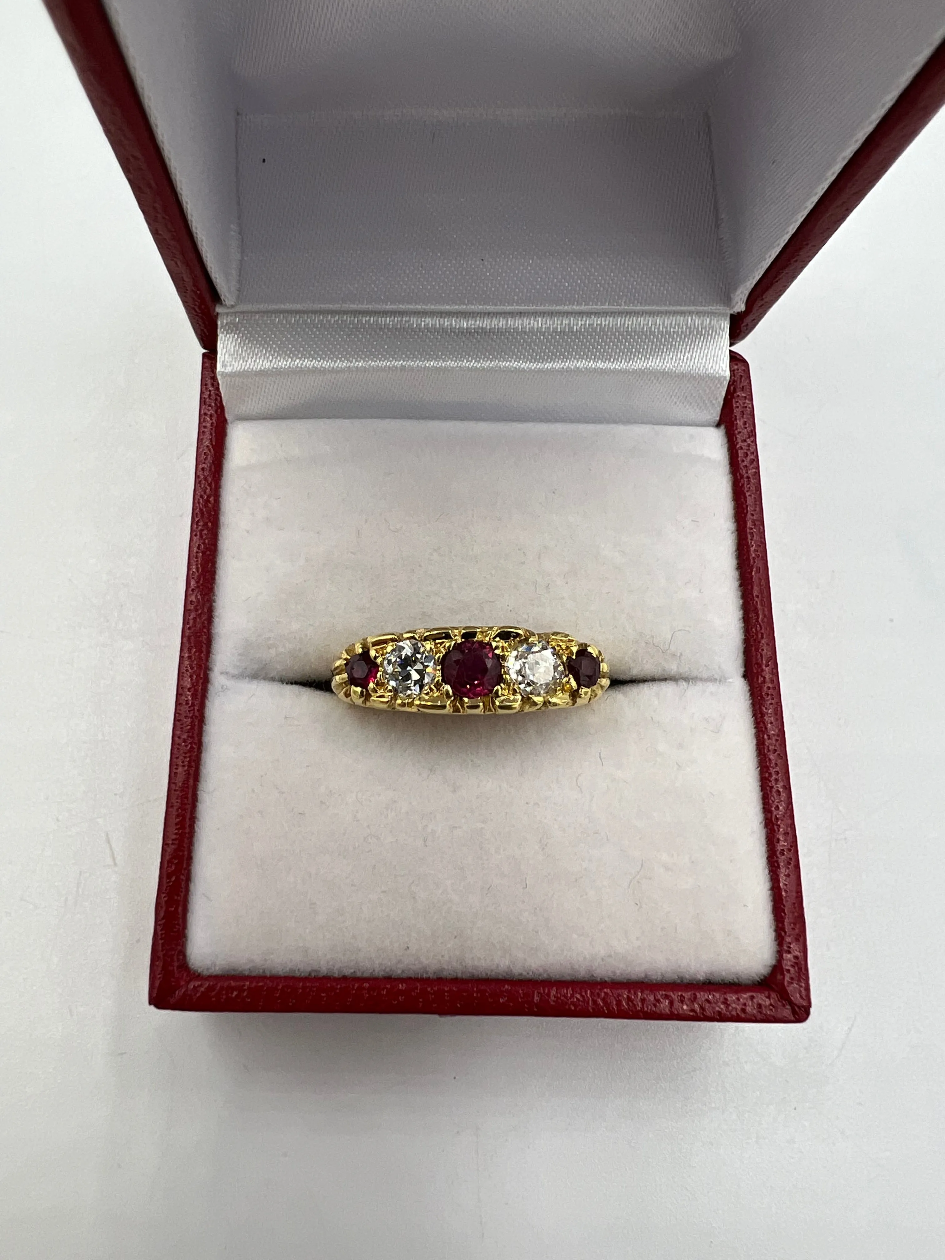 Estate Ruby Diamond Five Stone Yellow Gold Band Ring