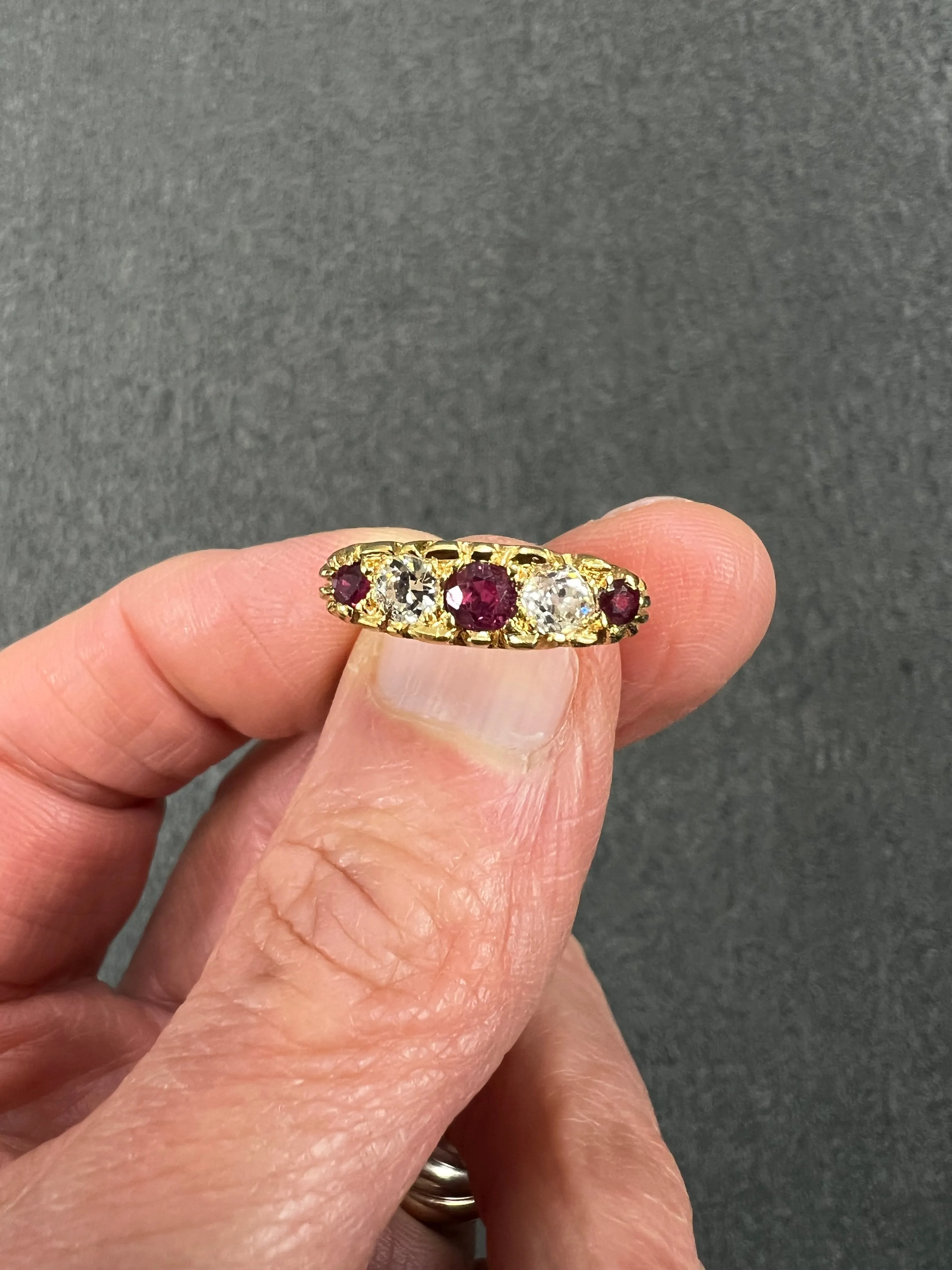 Estate Ruby Diamond Five Stone Yellow Gold Band Ring