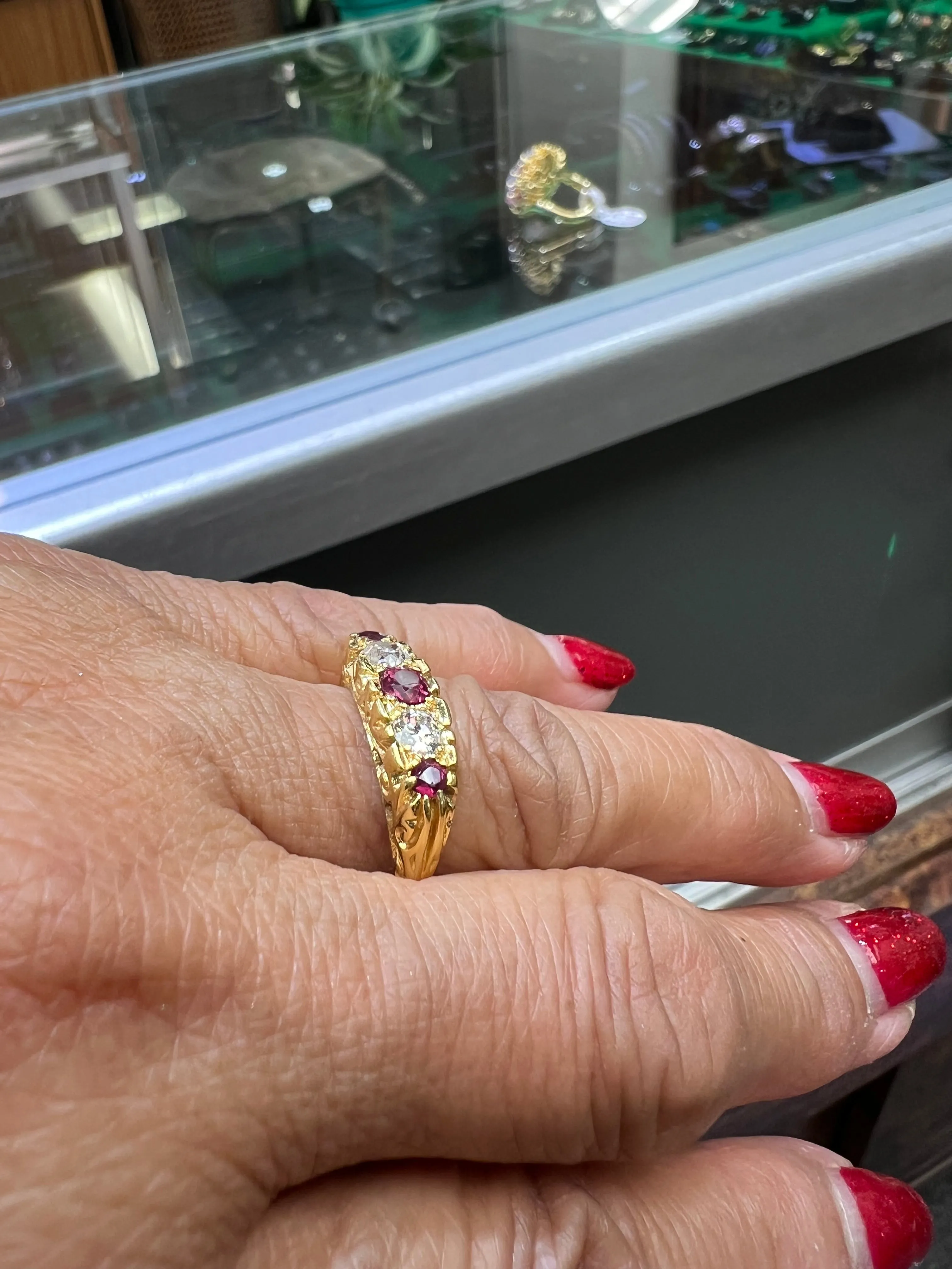 Estate Ruby Diamond Five Stone Yellow Gold Band Ring