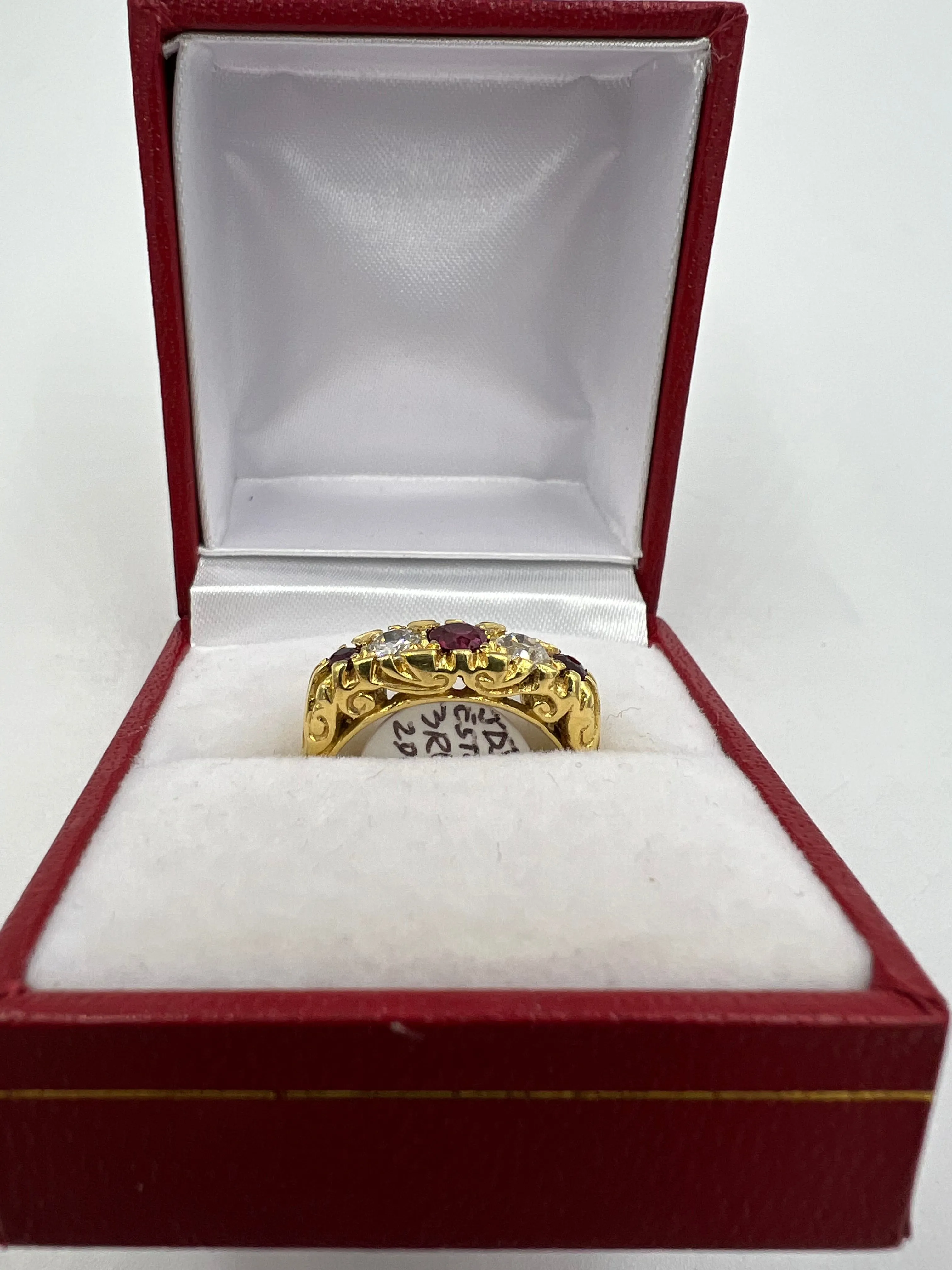 Estate Ruby Diamond Five Stone Yellow Gold Band Ring