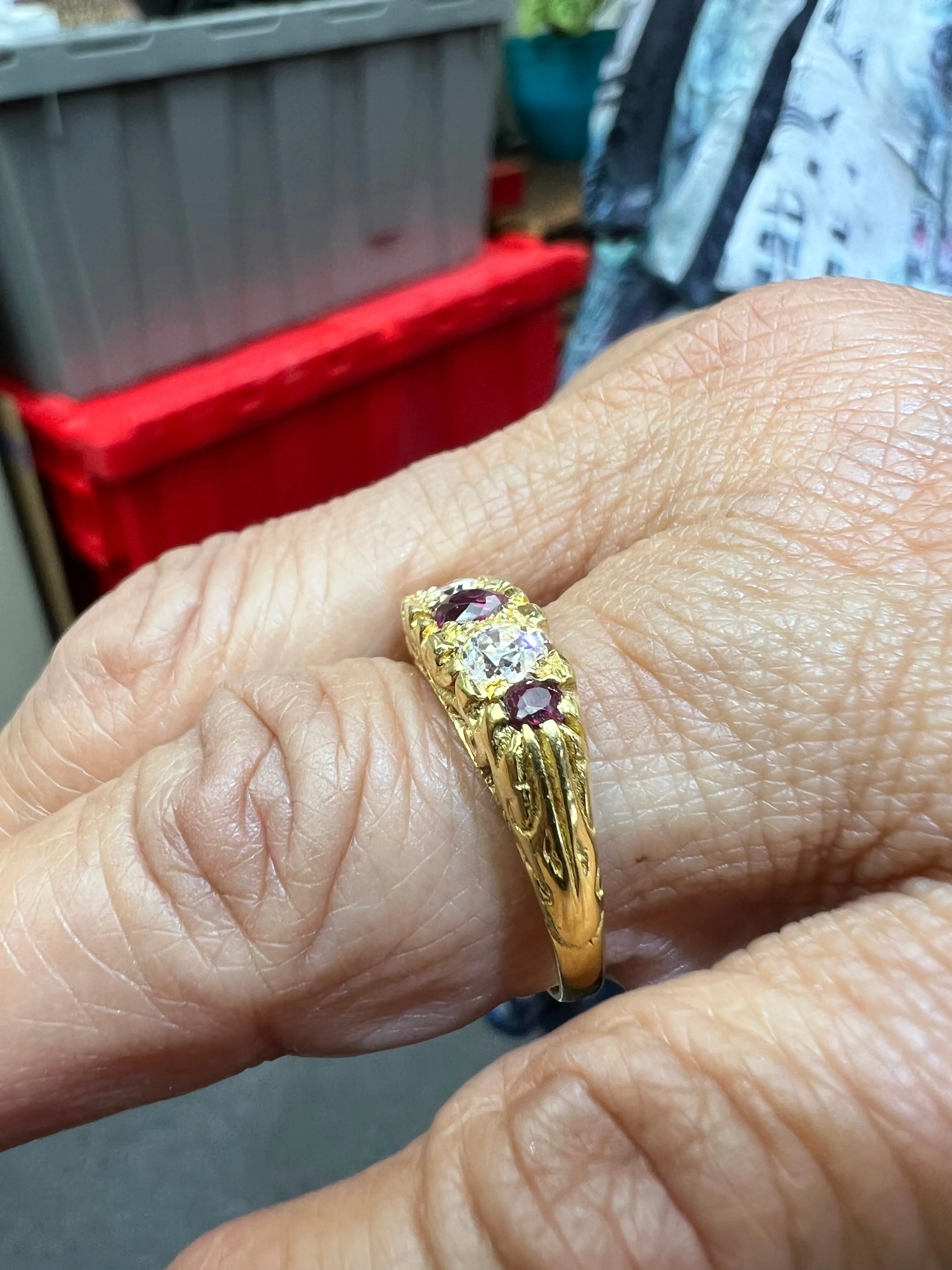 Estate Ruby Diamond Five Stone Yellow Gold Band Ring