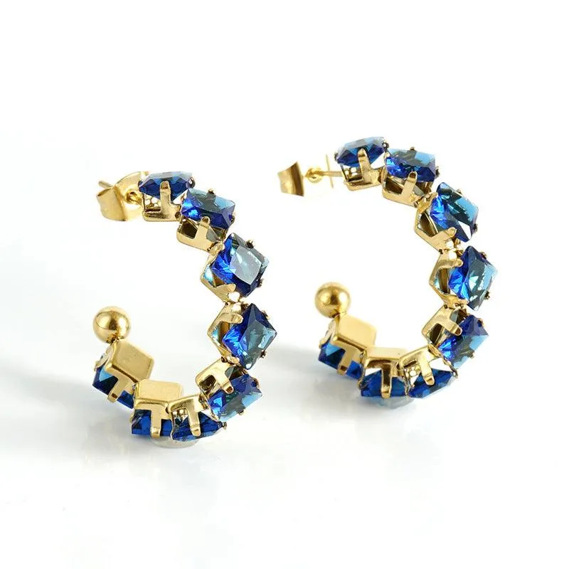 Gold PVD Plated Stainless Steel Geometric Hoop Earrings with Colorful Crystals