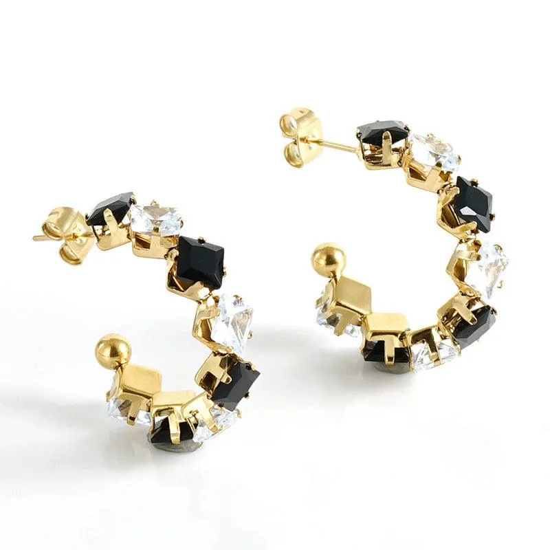 Gold PVD Plated Stainless Steel Geometric Hoop Earrings with Colorful Crystals