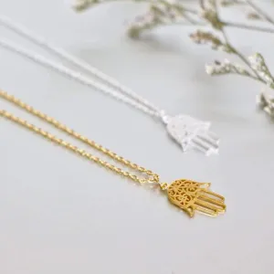 Hamsa Necklace Set of 2, Gold And Rhodium Hamsa Charm, Rhodium And Gold Dipped Necklace, Minimalist Necklace (SN101/102)