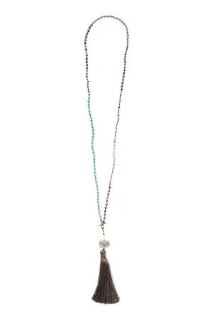 Hand-Knotted Crystal Necklace with Stone   Tassel