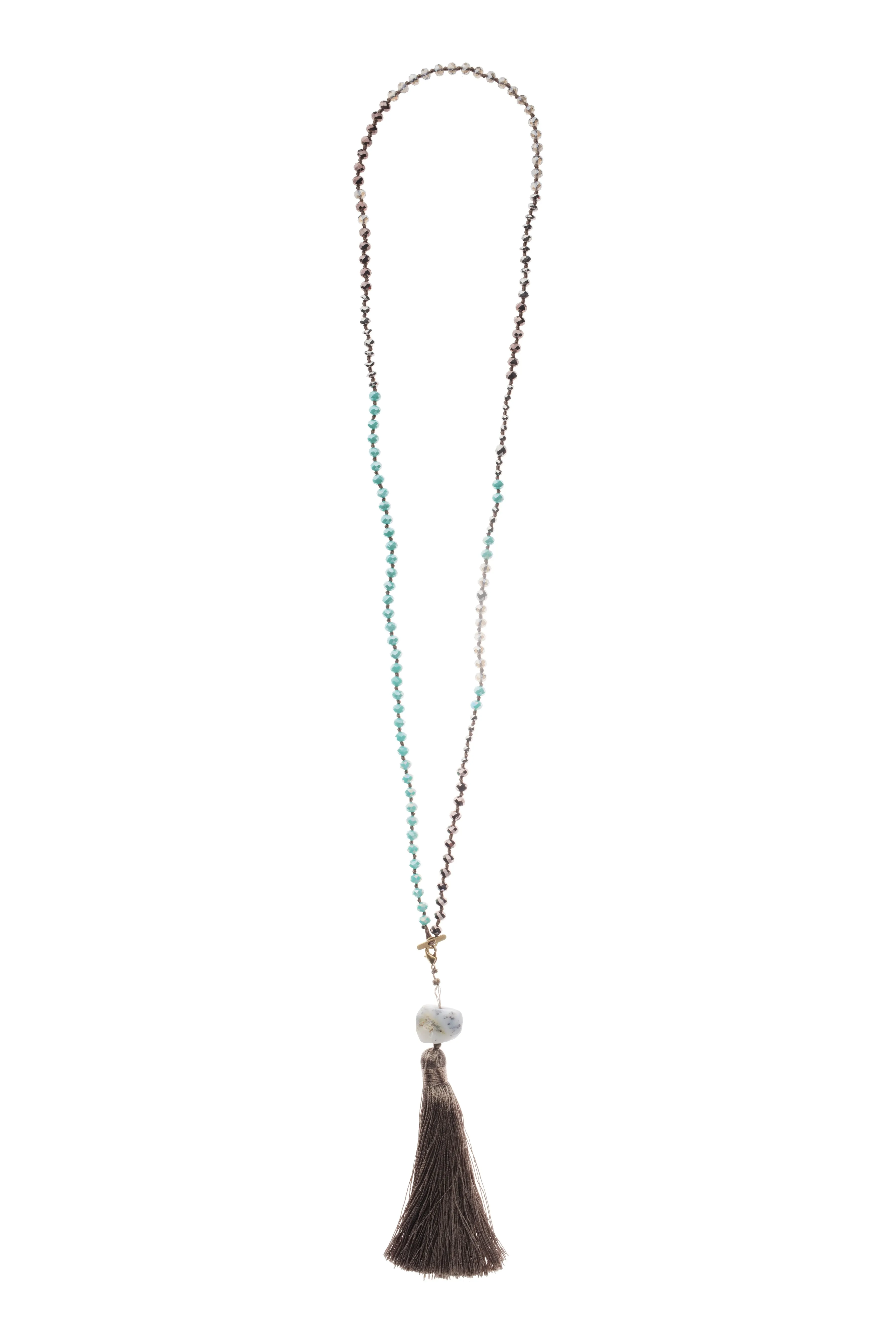 Hand-Knotted Crystal Necklace with Stone   Tassel