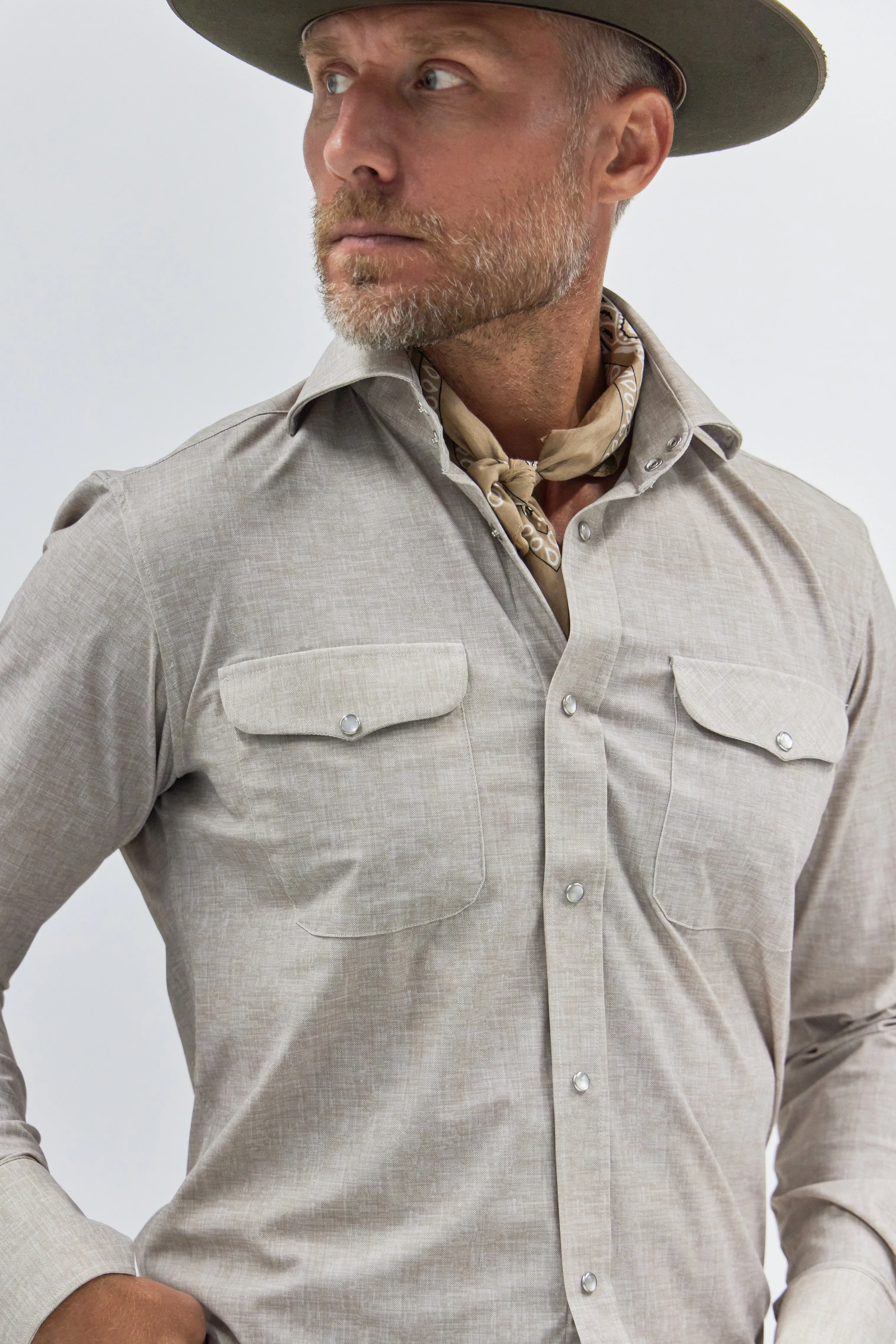 Kacey Performance Shirt in Tan Linen