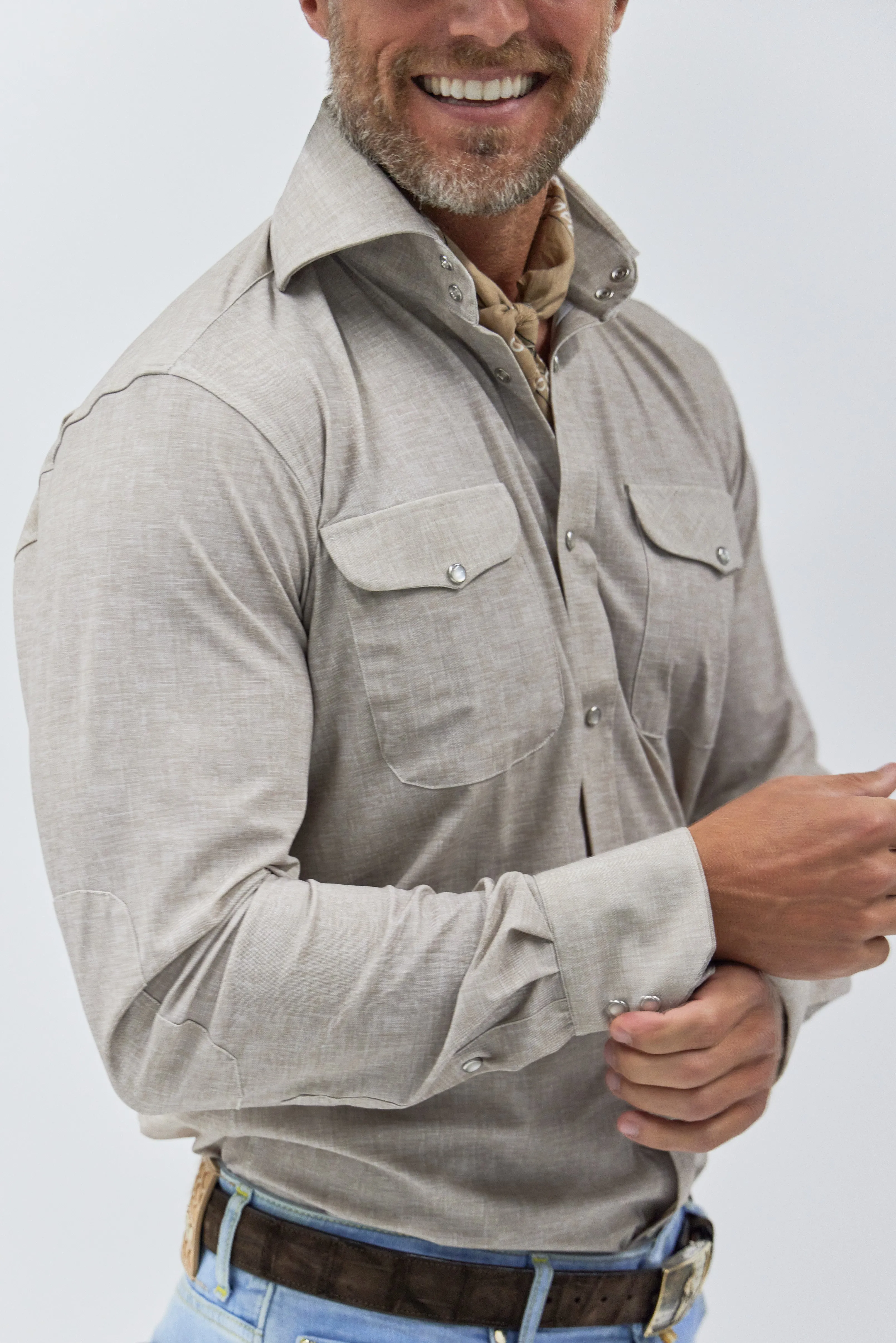 Kacey Performance Shirt in Tan Linen