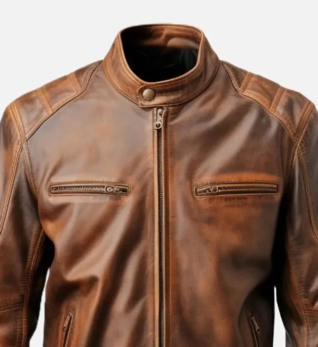 Men's Brown Distressed Cafe Racer Leather Jacket