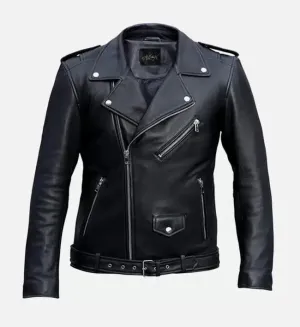 Men's Classic Belted Black Biker Leather Jacket