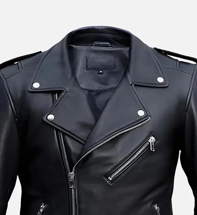 Men's Classic Belted Black Biker Leather Jacket