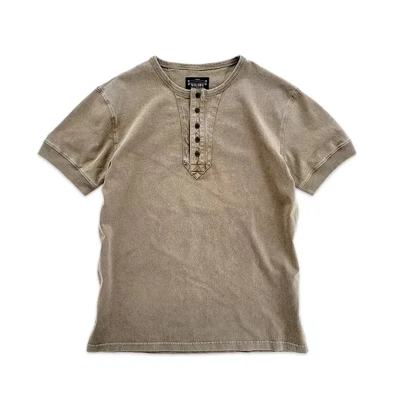 Men's Distressed Short Sleeves Henley Shirt