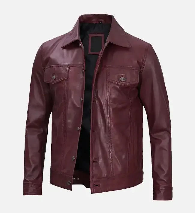 Men's Leather Maroon Trucker Jacket