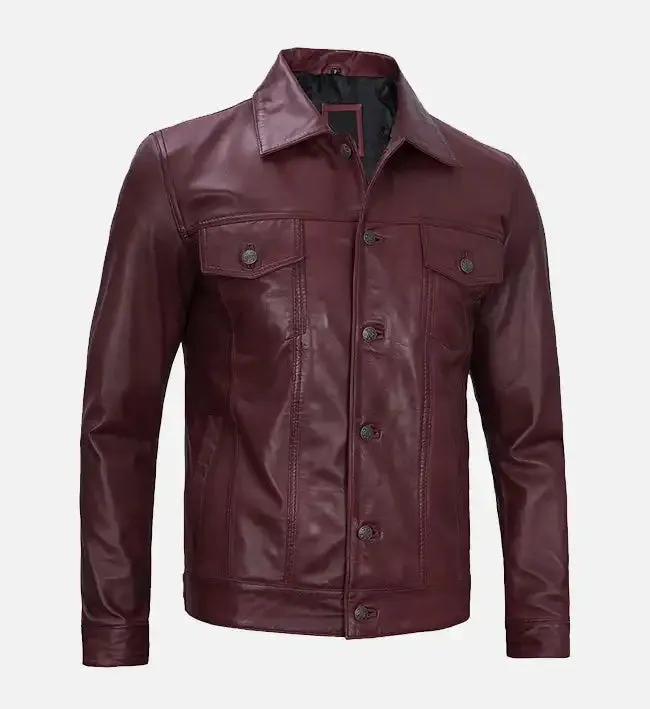 Men's Leather Maroon Trucker Jacket