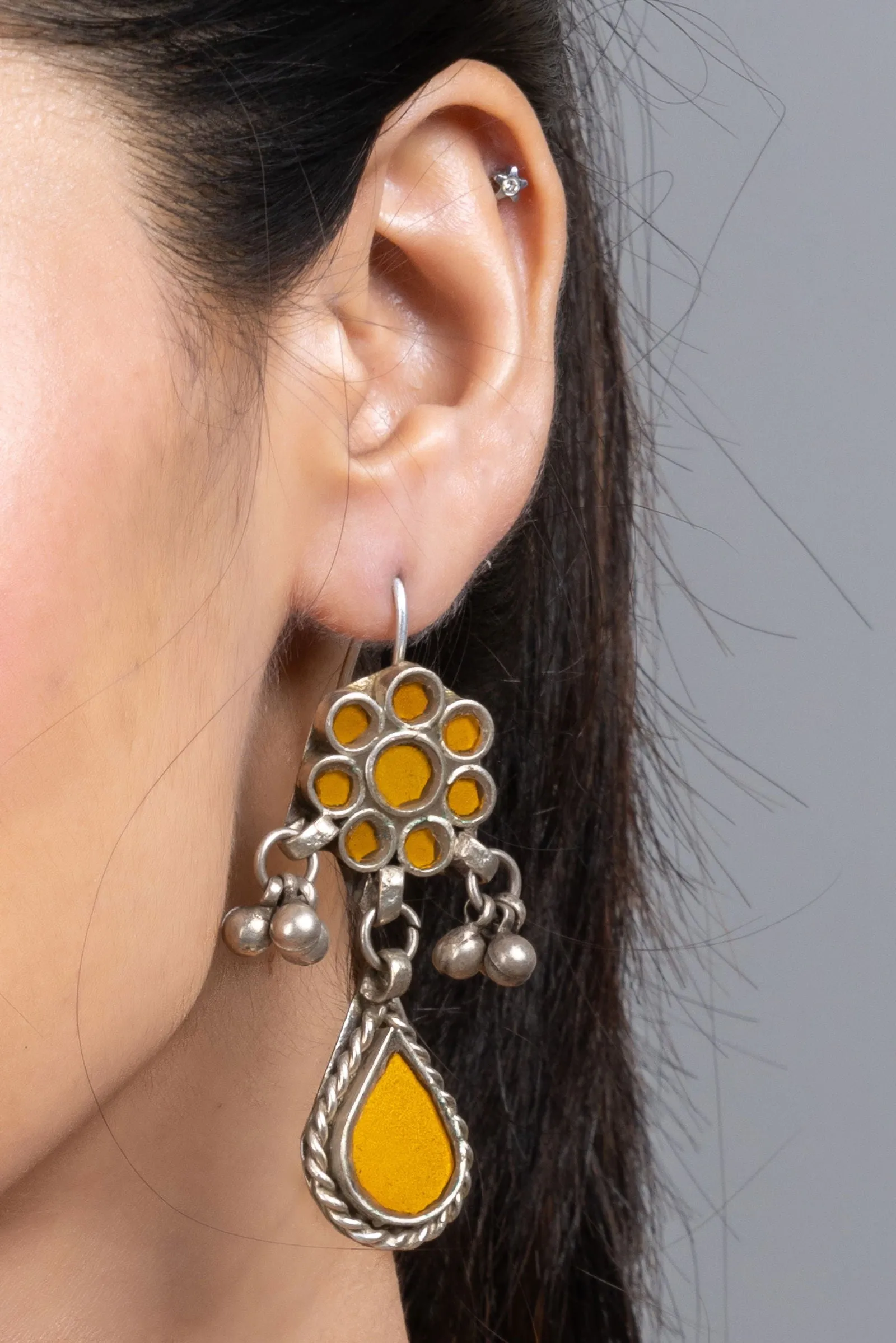 Mustard Yellow Ghungroo Silver Afghan Replica Dangler Earrings with Vibrant Glass Beads