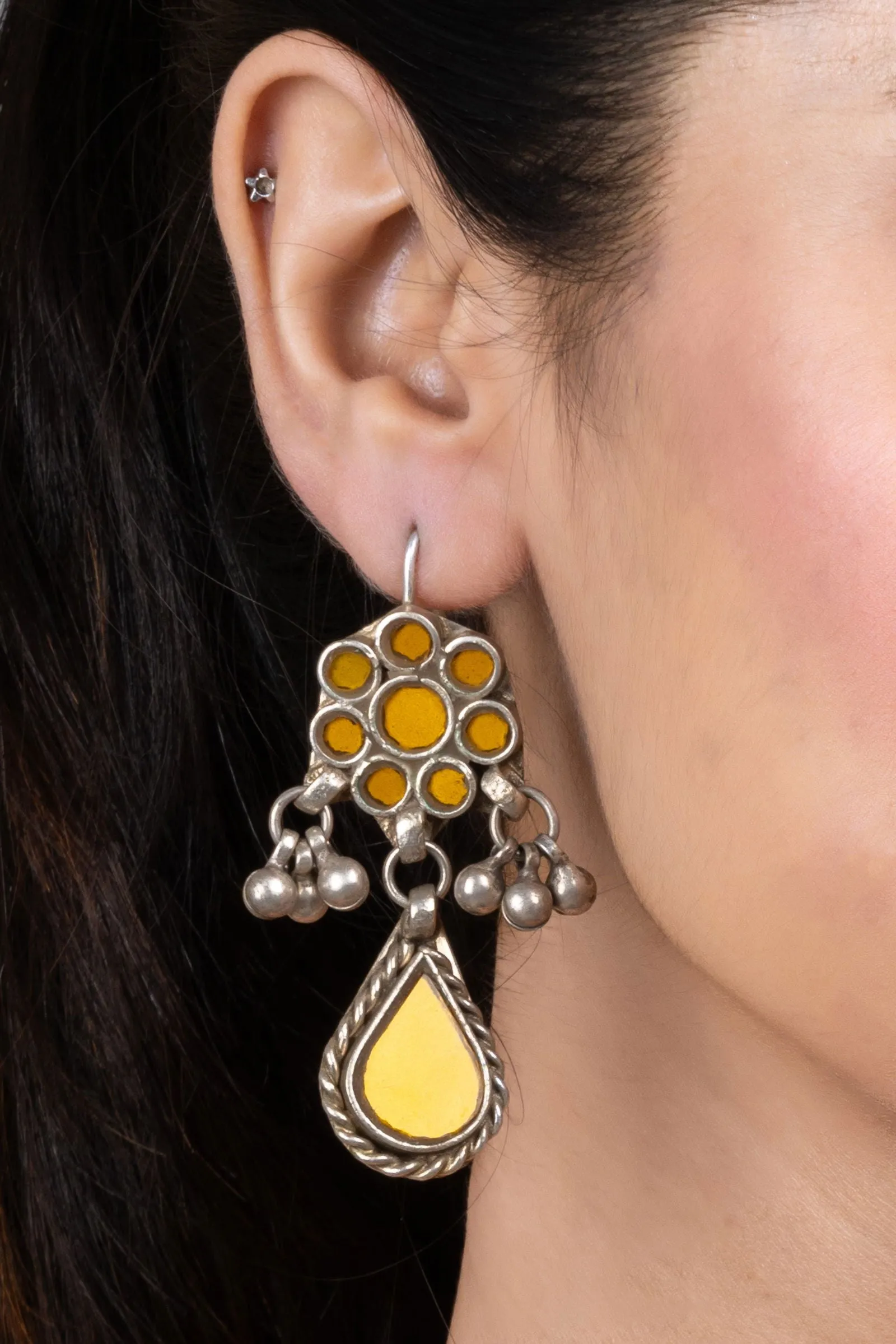 Mustard Yellow Ghungroo Silver Afghan Replica Dangler Earrings with Vibrant Glass Beads