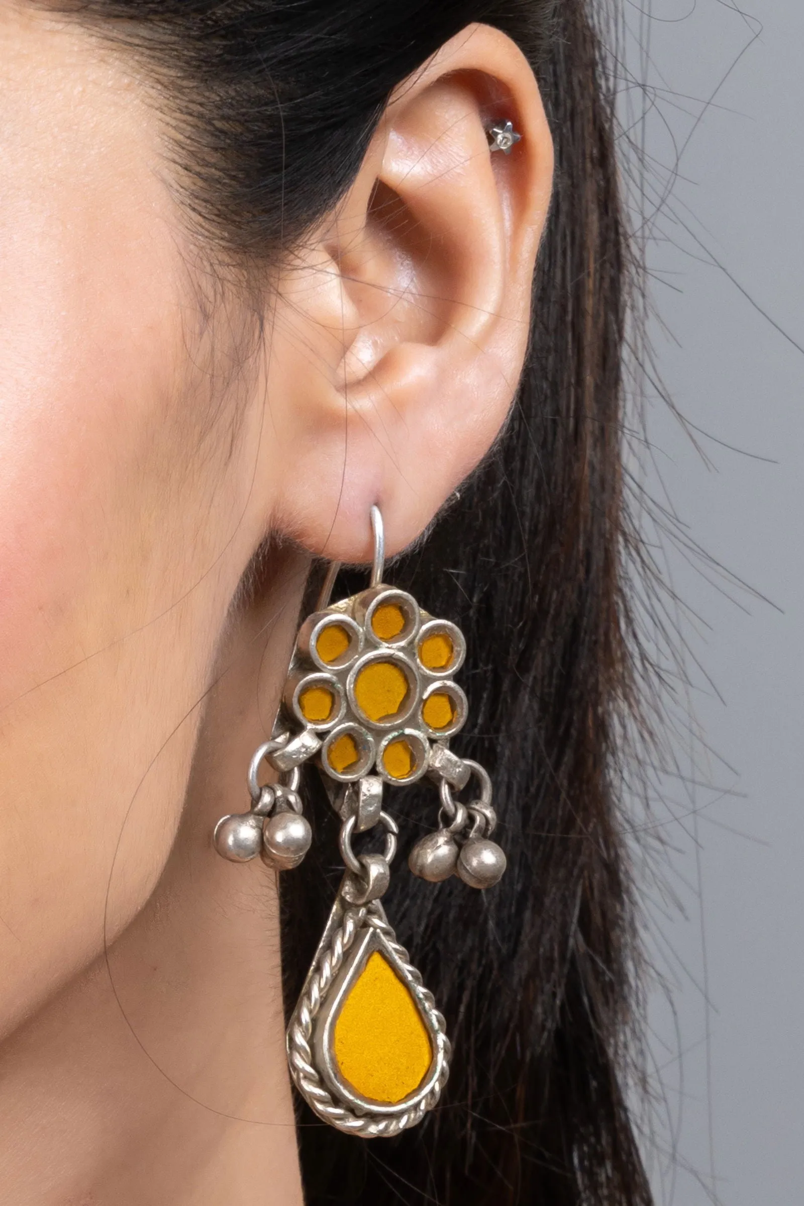 Mustard Yellow Ghungroo Silver Afghan Replica Dangler Earrings with Vibrant Glass Beads