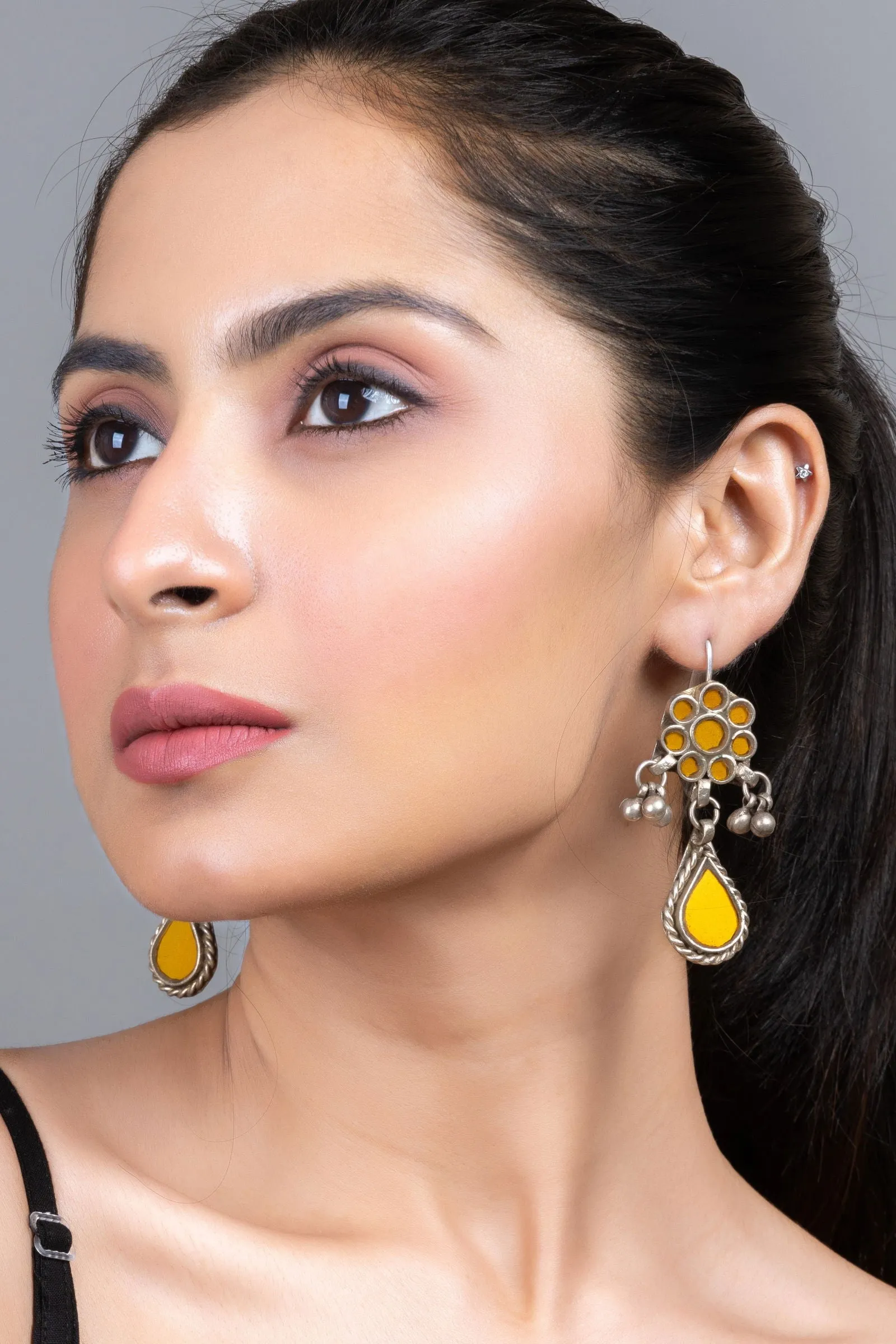 Mustard Yellow Ghungroo Silver Afghan Replica Dangler Earrings with Vibrant Glass Beads