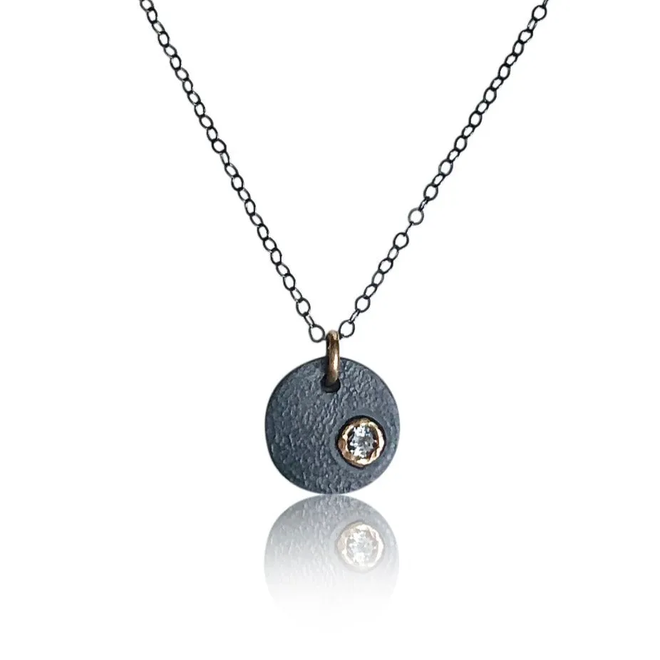 NAMM5-"Disc-Ohh Necklace" Textured and Oxidized Sterling Silver and 14KT Gold w Peridot Necklace