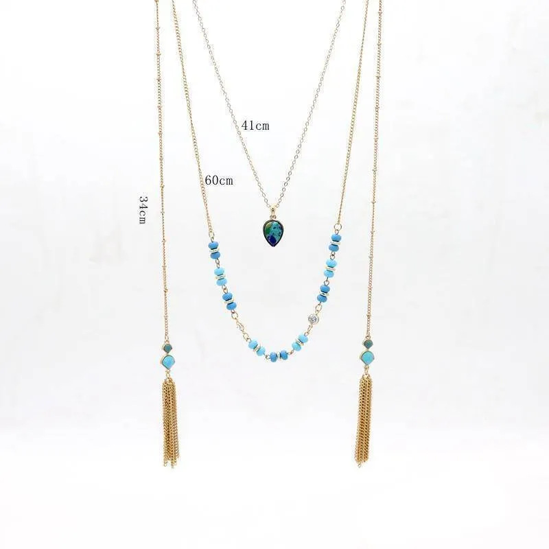 New crystal jewelry water drop Natural stone mint beads multilayer necklace double chain tassel necklaces