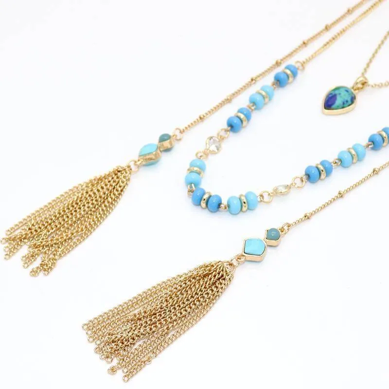 New crystal jewelry water drop Natural stone mint beads multilayer necklace double chain tassel necklaces