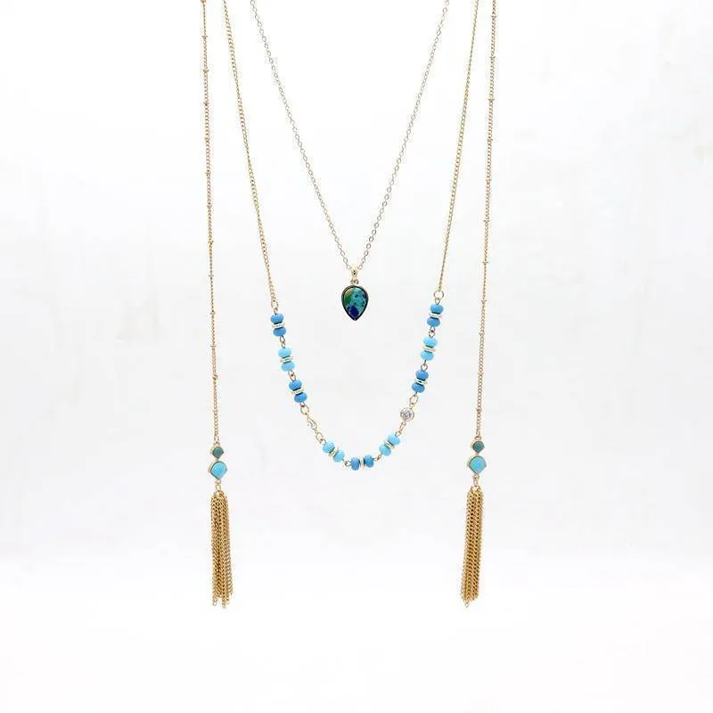 New crystal jewelry water drop Natural stone mint beads multilayer necklace double chain tassel necklaces