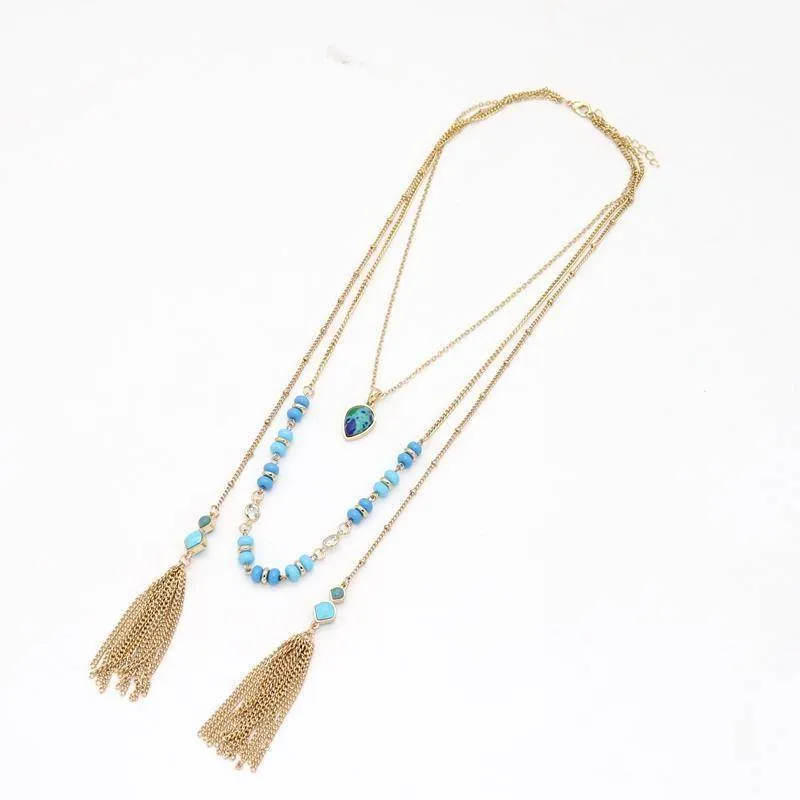 New crystal jewelry water drop Natural stone mint beads multilayer necklace double chain tassel necklaces