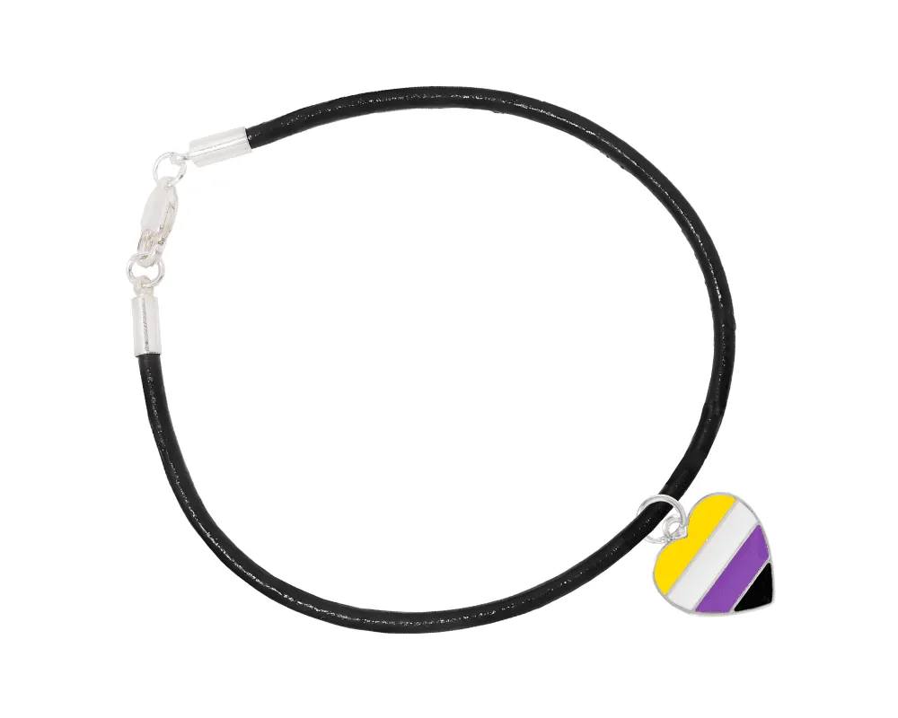 Nonbinary Heart Charm Black Leather Cord Bracelets